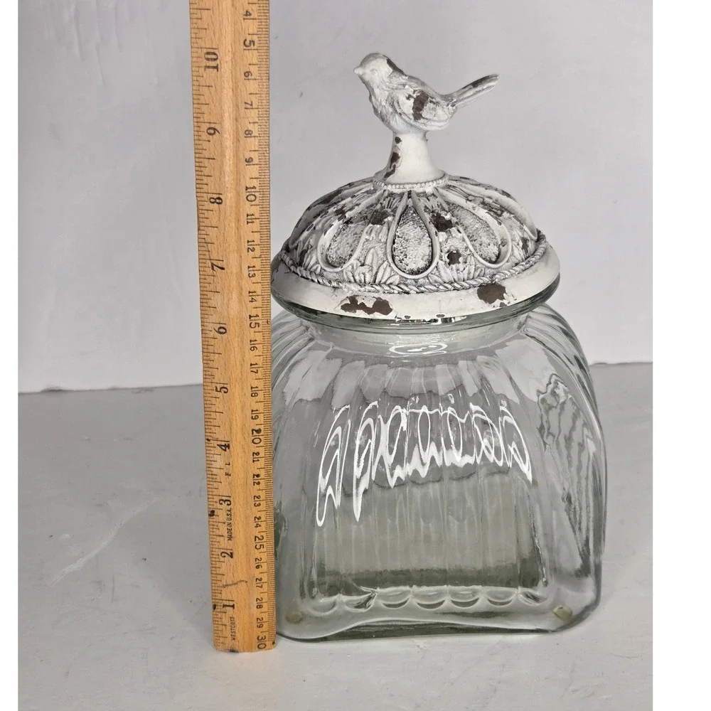 Ribbed Clear Glass Canister With White‎ Song Bird Chippy Paint Lid Cookie Jar
